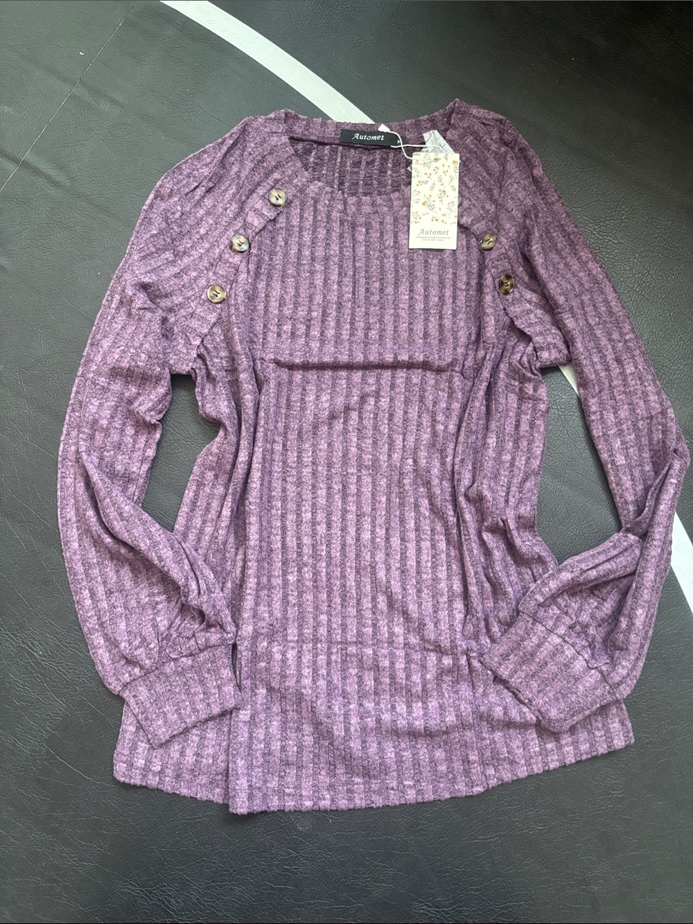 Ribbed Purple Long-Sleeve Top with Shoulder Button Detail